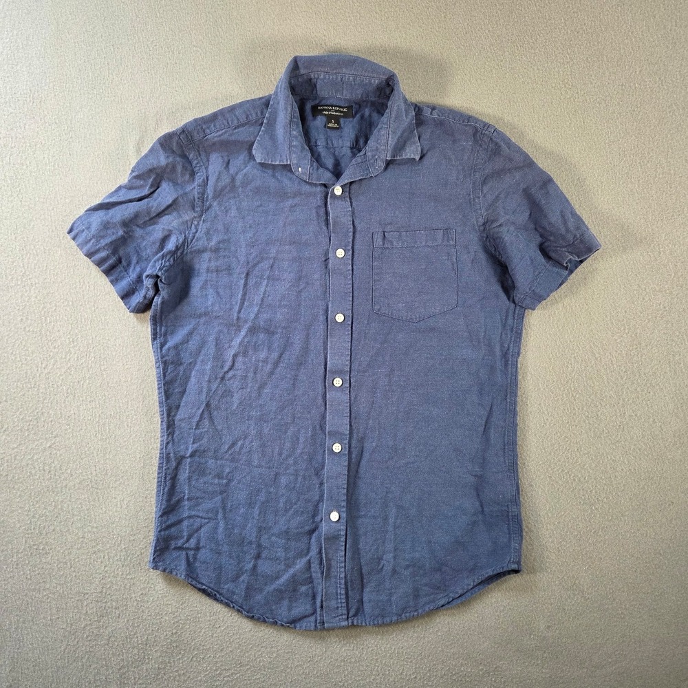 Banana Republic Shirt Mens Small Navy Linen Blend Standard Fit Short Sleeve